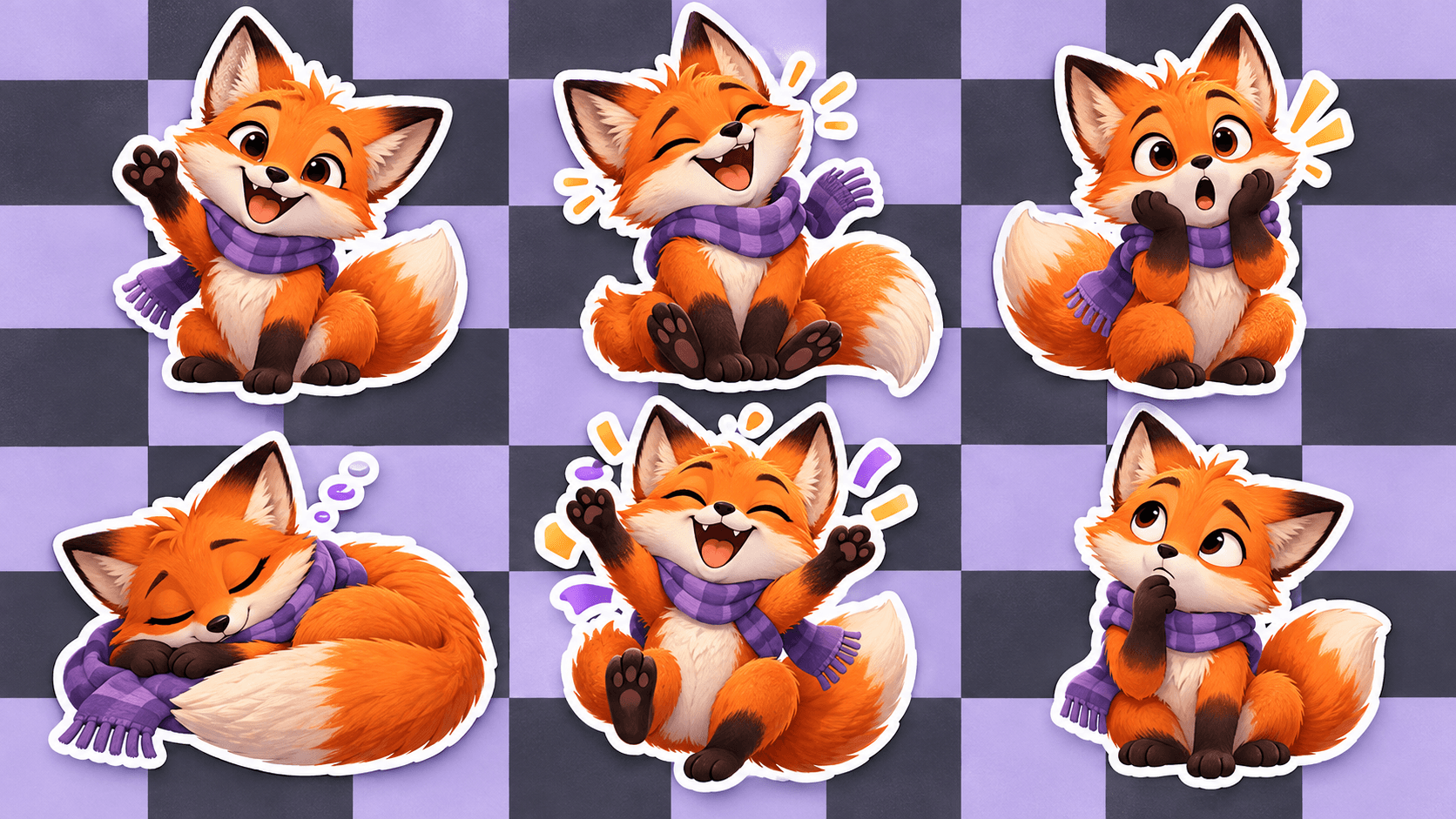 Illustrative concept of one original orange fox mascot in six expressive sticker poses; not an Astorie output.