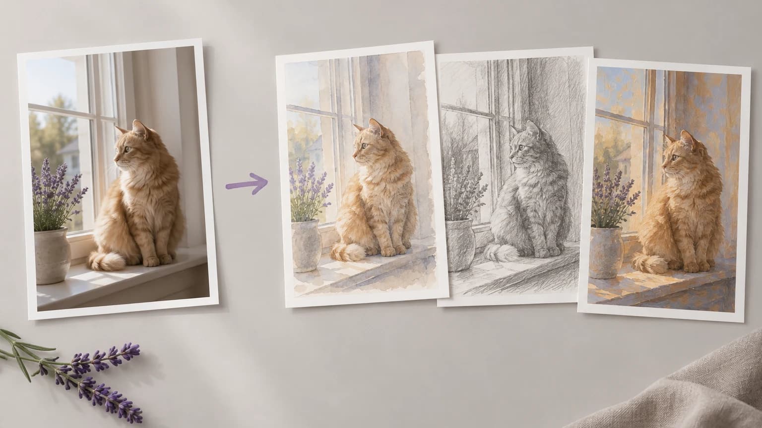A photo restyled as watercolor, pencil sketch and oil painting