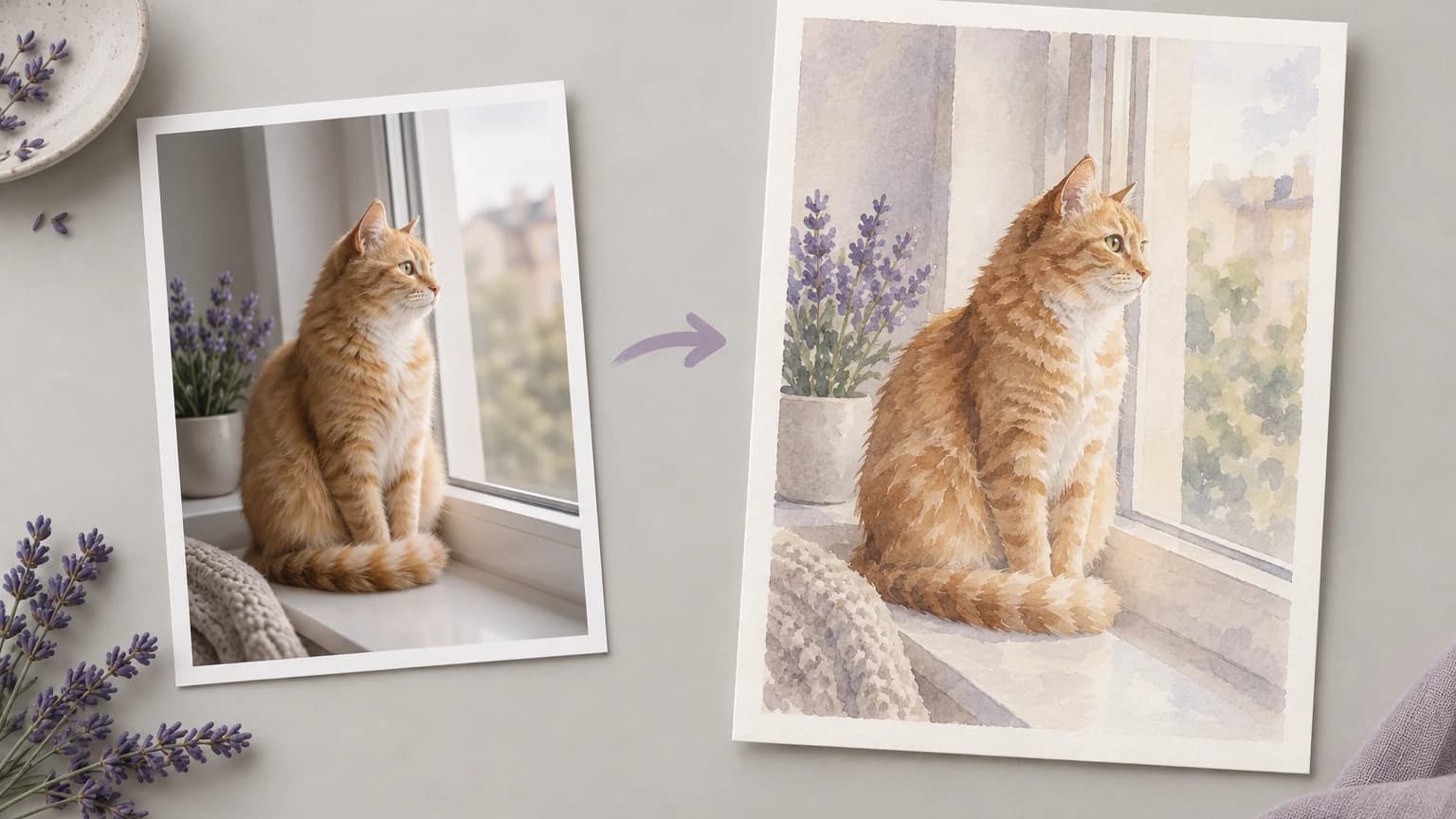 A photo and its watercolor restyle side by side