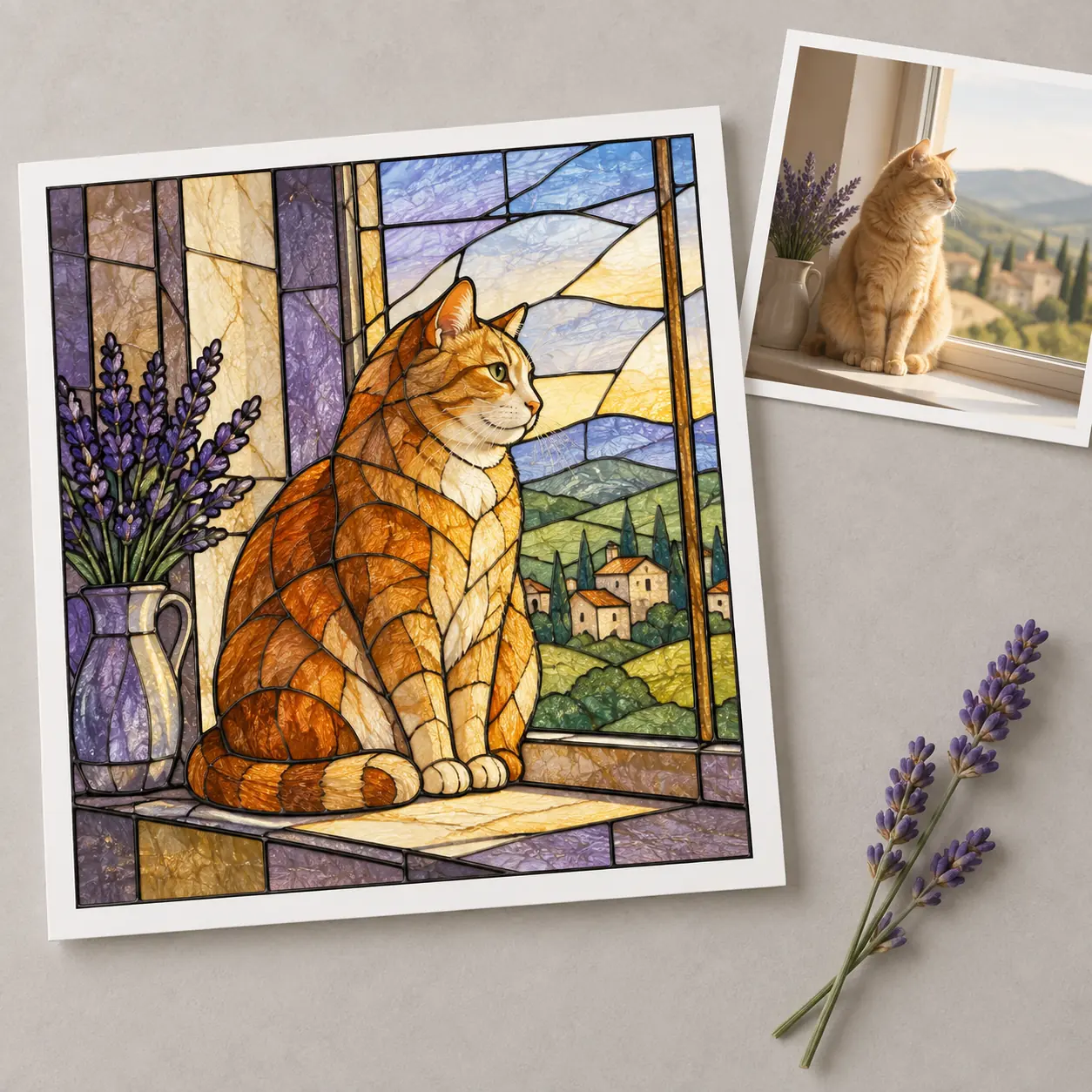 Cat photo restyled as a stained-glass window