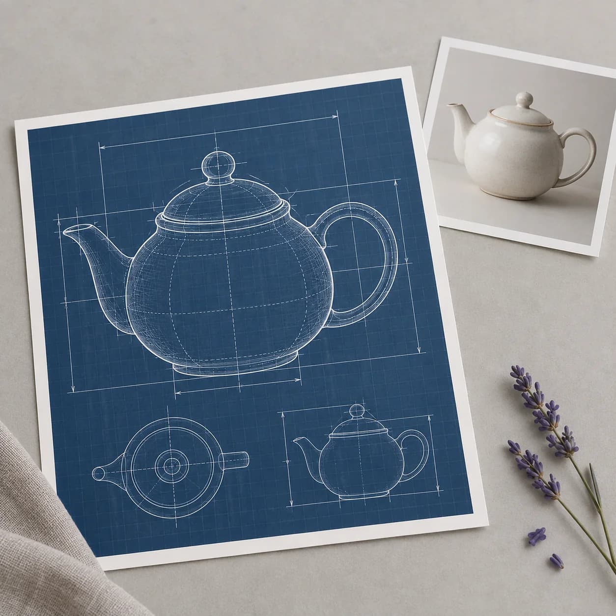 Teapot redrawn as a white-line blueprint