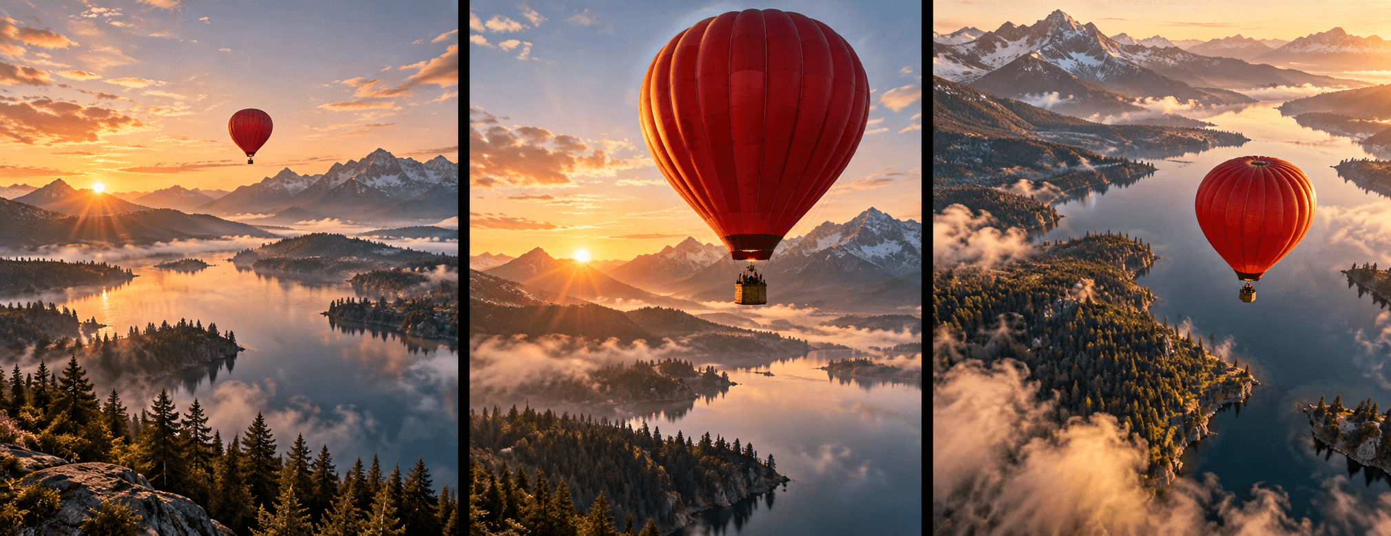 Illustrative three-frame hot-air-balloon video concept; not an Astorie generated clip.