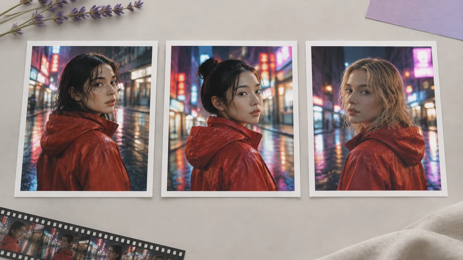 Three video stills from the same prompt showing three different women