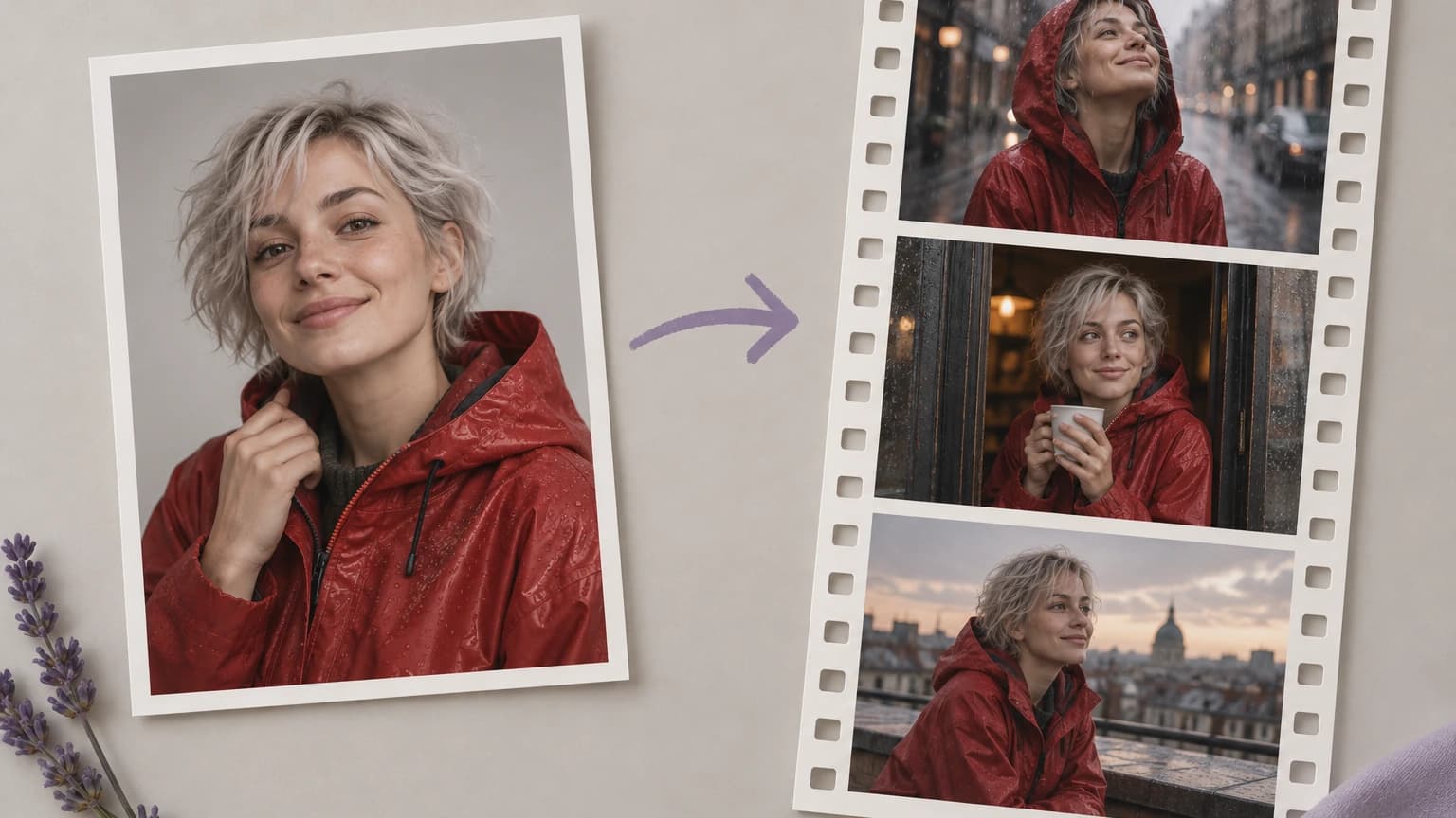 A portrait reference and a film strip keeping the same woman across shots