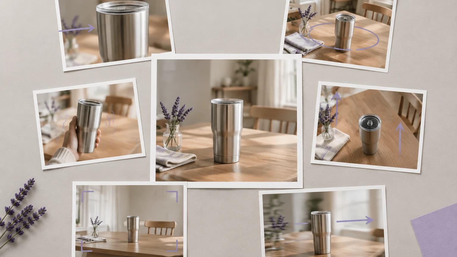 A product photo surrounded by six camera-move cards