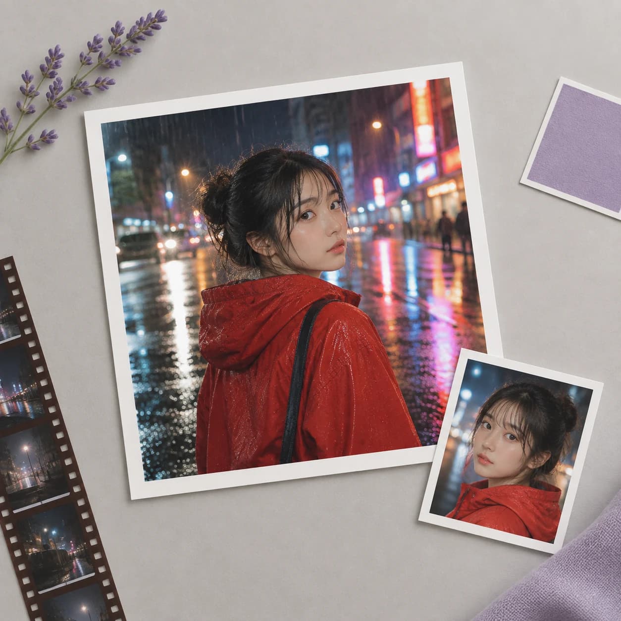 A woman looking back on a rainy neon street