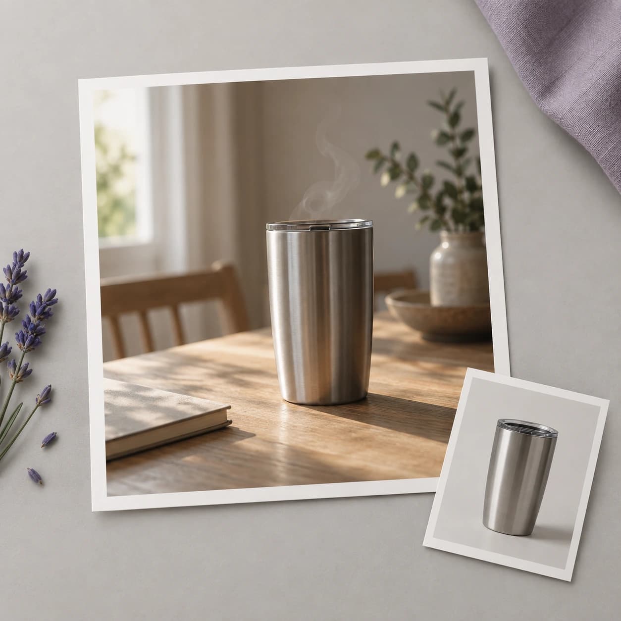 A steel tumbler on an oak table with rising steam