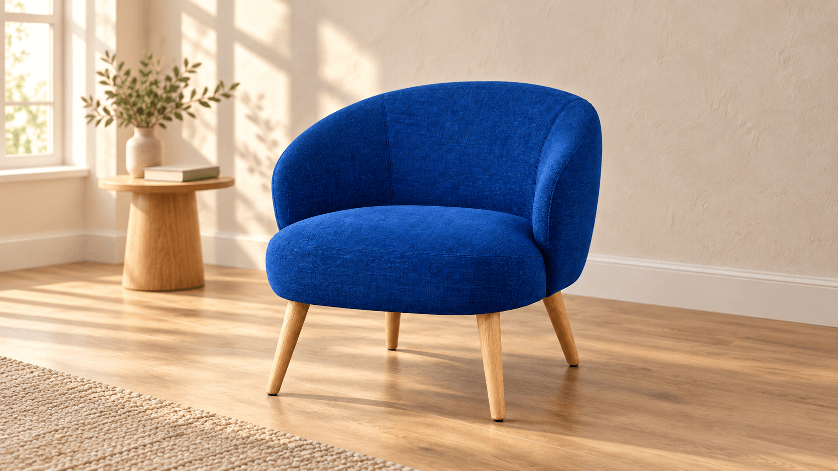 The cobalt-blue chair reinterpreted in a warmly lit reading nook, conceptual variation