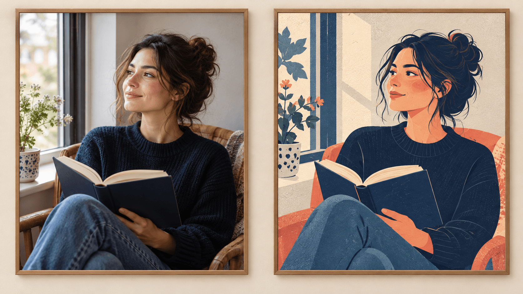 A reader by a window shown as a photograph and a simplified editorial illustration