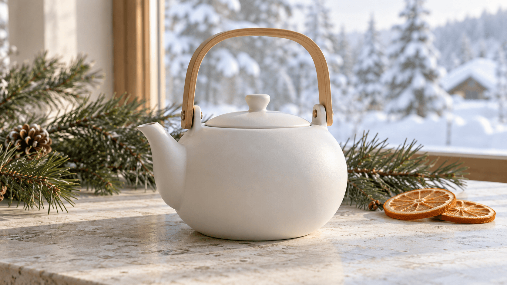 White ceramic teapot in a restrained winter setting with pine and dried orange