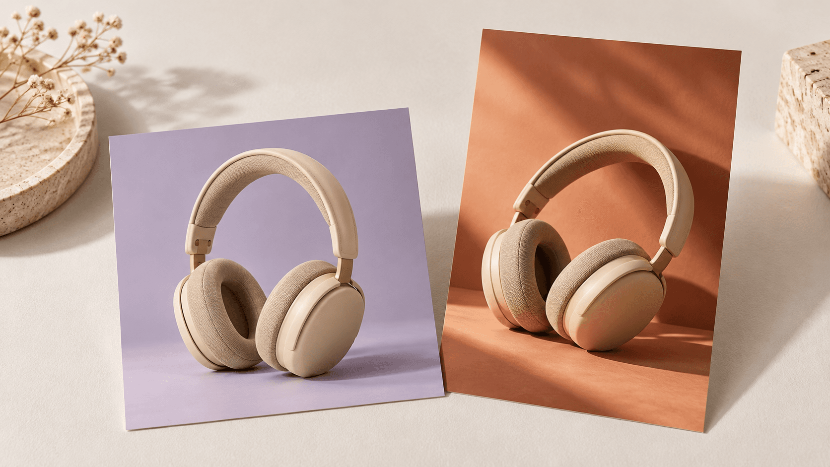 Sand-colored headphones in square lavender and tall terracotta social image studies
