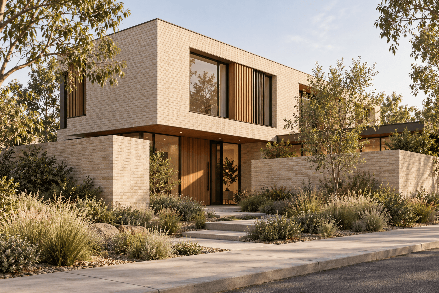 Concept illustration of a pale-brick courtyard home in daylight