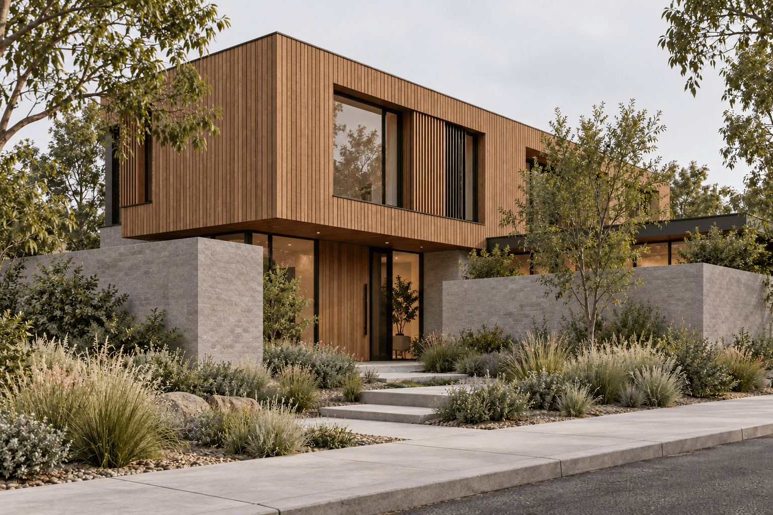 Concept illustration exploring timber and stone facade materials