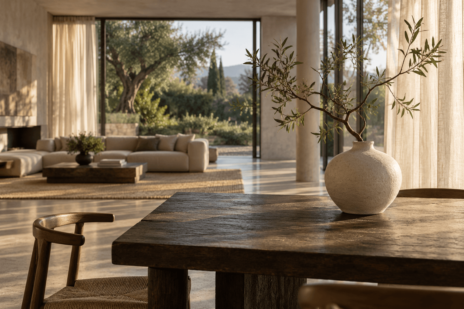 Concept starting frame: ceramic vase, oak table and sunlit studio with visible depth