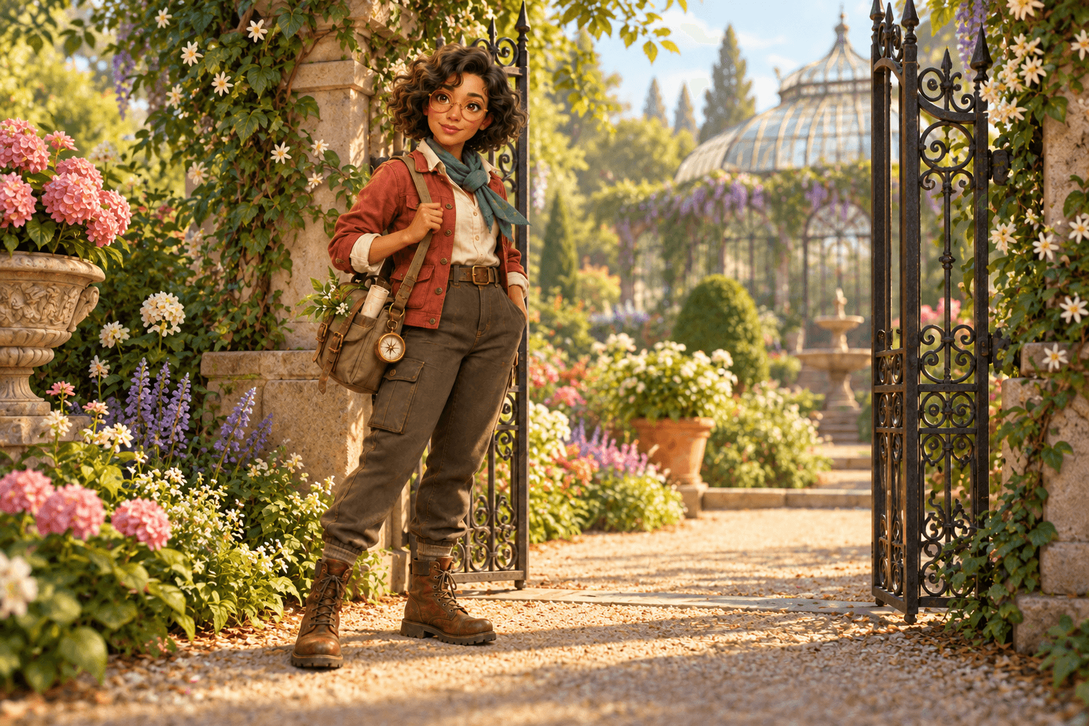 Concept variation of the fictional explorer beside a garden gate