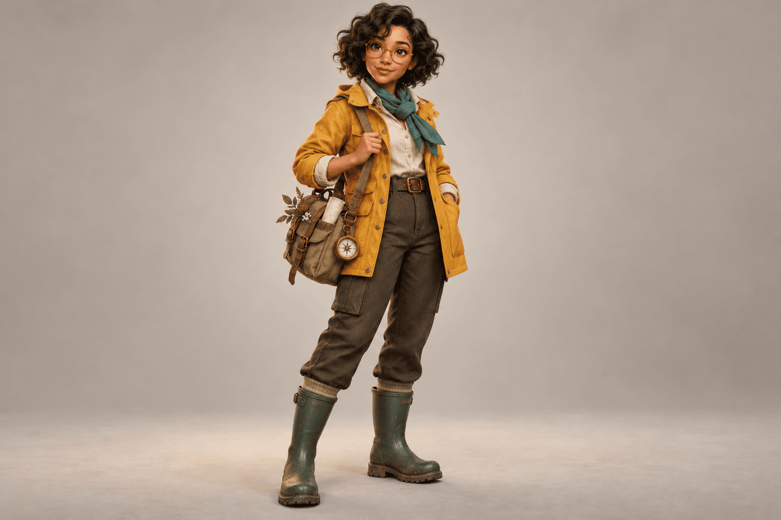 Concept outfit variation: fictional explorer in a yellow raincoat and green boots