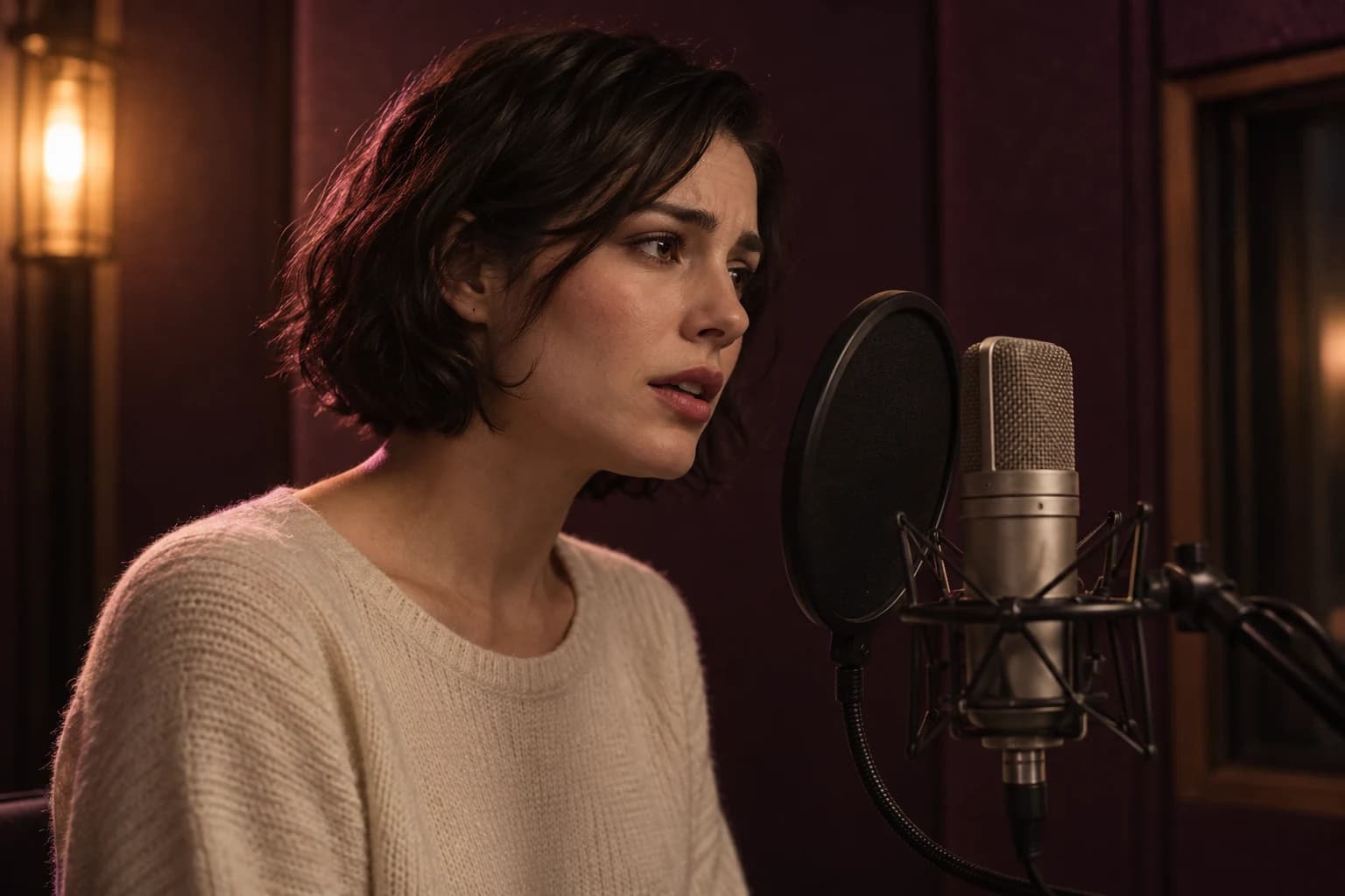 A fictional woman at a studio microphone, shifting from a composed expression to a quiet, tense delivery. Concept artwork; not an audio generation.