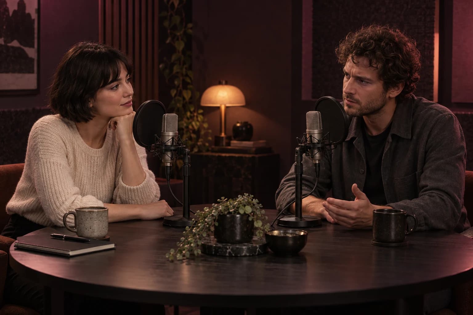 Two fictional characters exchanging dialogue across a table in a dimly lit recording stage. Concept artwork; not an audio generation.