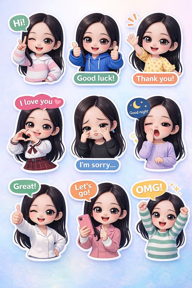 Generate chibi stickers with various poses and expressions — output
