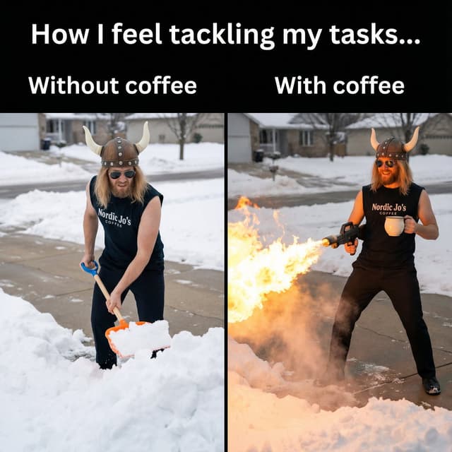Social Media Post - Meme: Shoveling Snow with/without Coffee — output