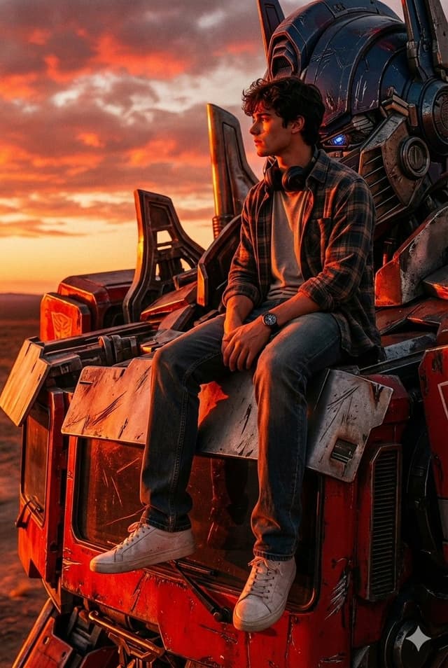Colossal Optimus Prime and Human Cinematic Photo Prompt — output