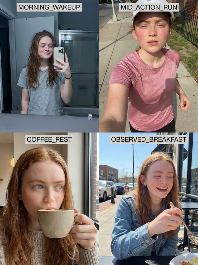 8K RAW Consistent Identity Daily Routine Grid (Sadie Sink) — output