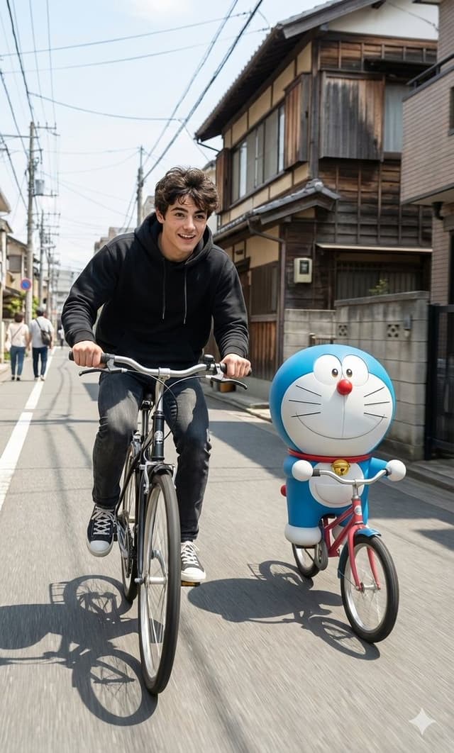 Cinematic Realism with Cartoon Character on Bicycle — output