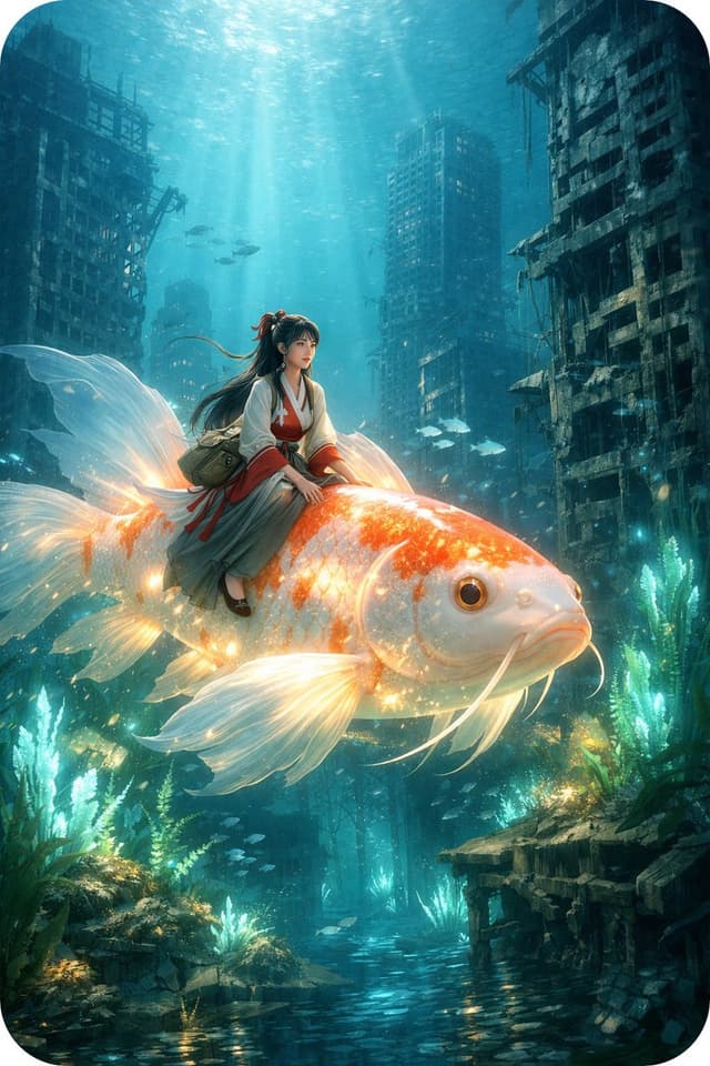 Chinese Style Girl Riding Bioluminescent Koi in Submerged City — output