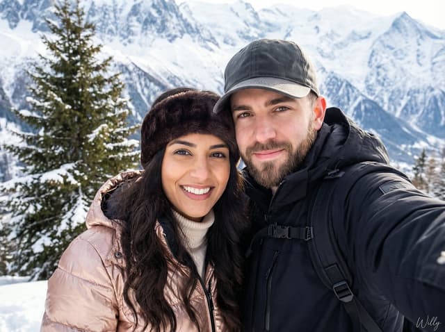 Happy Couple Snowy Mountain Selfie Prompt — output