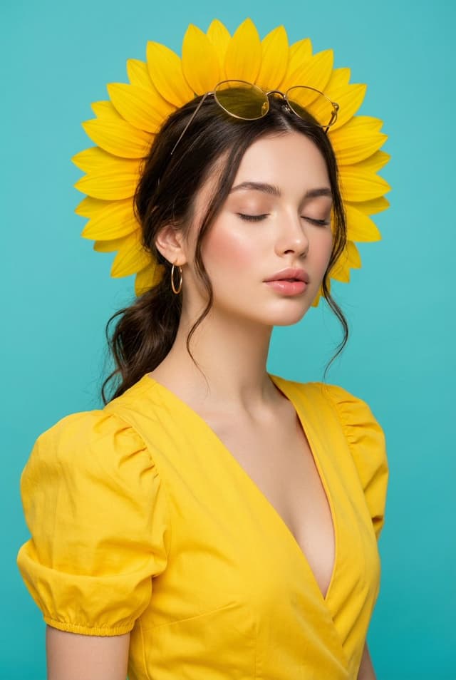 Ultra-Realistic Commercial Portrait with Yellow Dress and Turquoise Background — output
