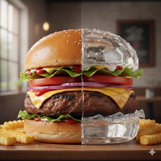 Photorealistic Hamburger Half Glass, Half Normal — output