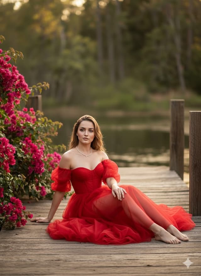 Cinematic fine-art photo of Ana de Armas in a red gala dress — output