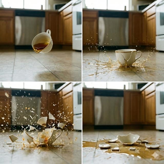 4-Panel Image of a Falling and Breaking Teacup — output