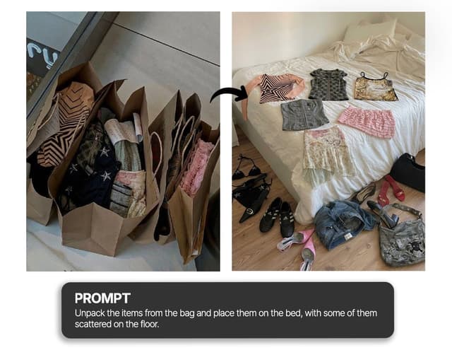 Unpack items from bag onto bed haul shot — output