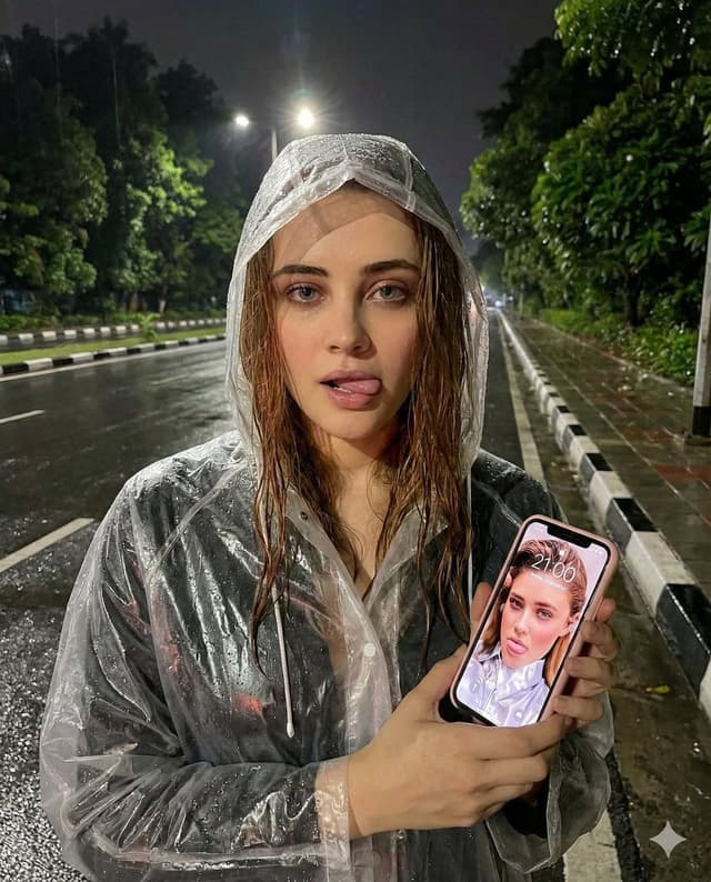 Nighttime Rainy Street Selfie Photo Edit Prompt — output