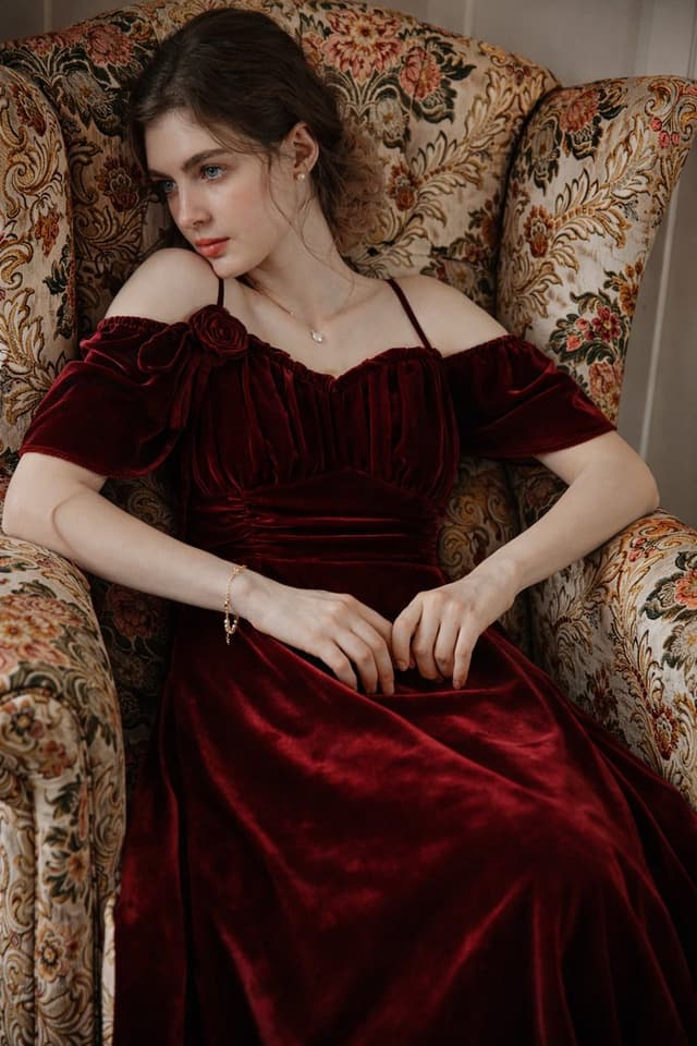 8K Photorealistic Portrait in Burgundy Velvet Dress — output