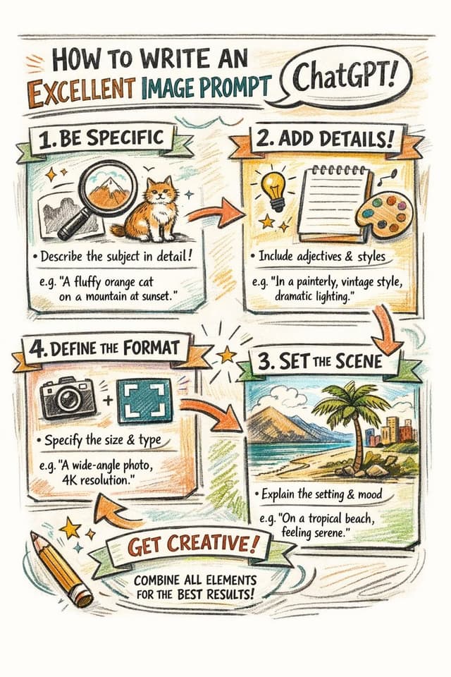 Hand-drawn infographic on writing image prompts — output