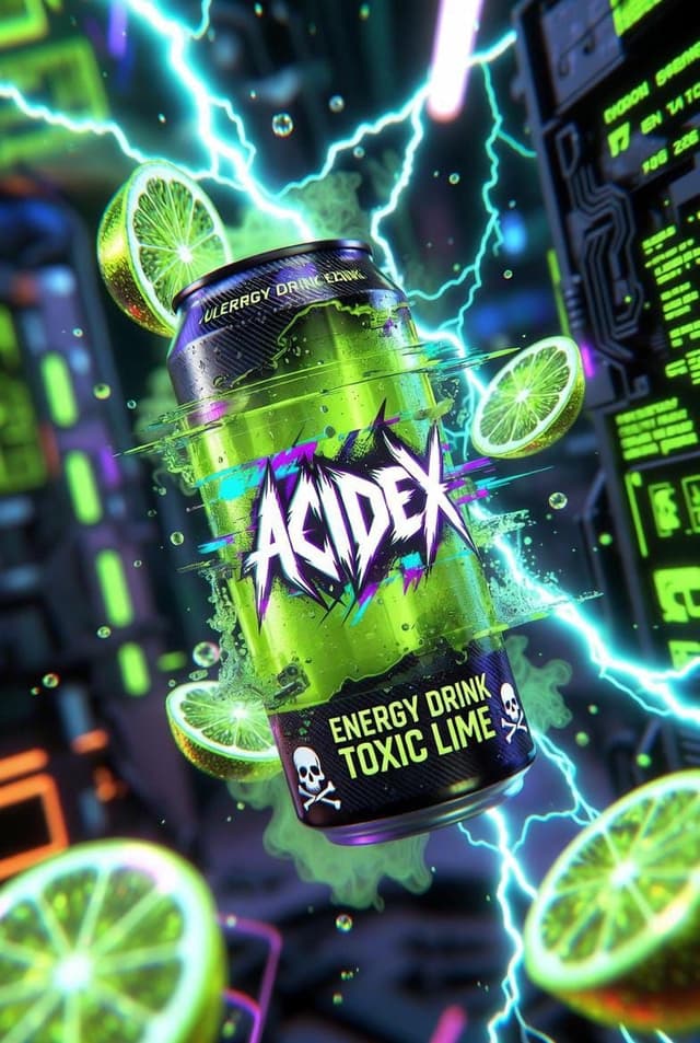 Hyper-Realistic Neon Energy Drink Product Shot Prompt — output