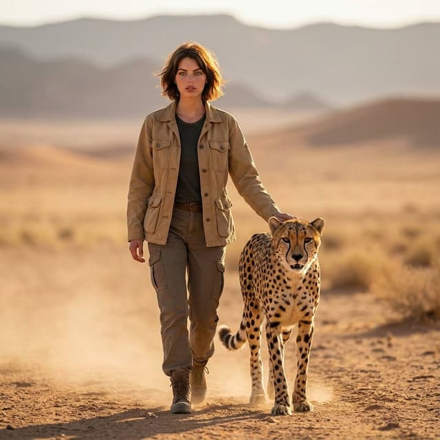 Golden Hour Desert Photo of Woman and Cheetah — output