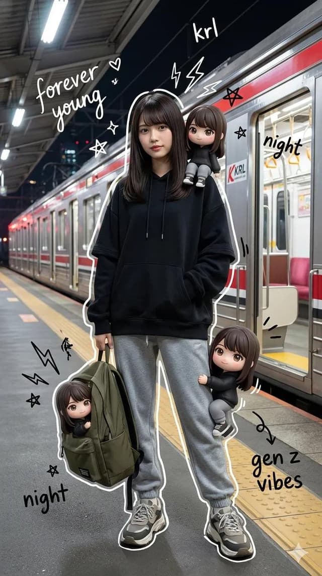 Mixed-Media Portrait with Chibi Overlays at Night Train Station — output