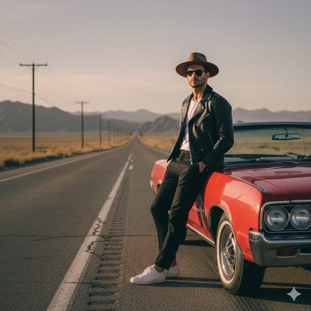 Cinematic Desert Highway Fashion Portrait Prompt — output