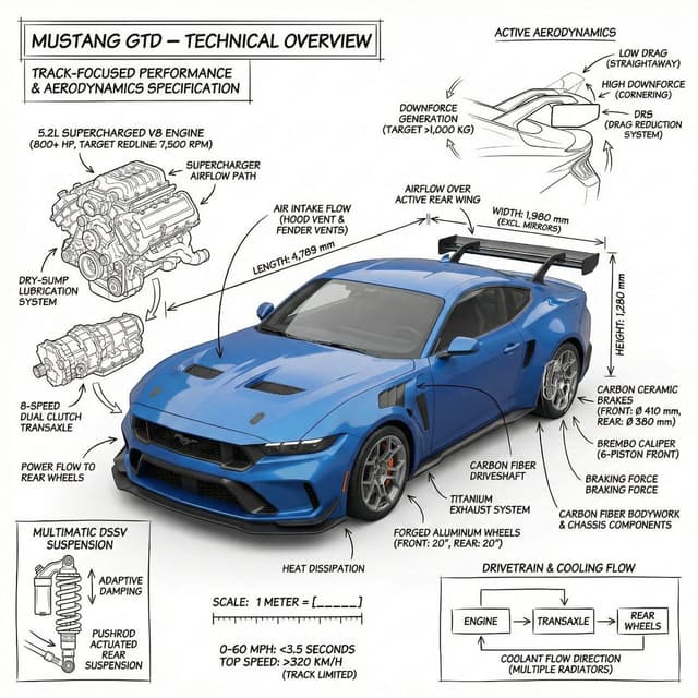 Infographic / Edu Visual - Infographic image of Mustang GTD with technical annotations — output