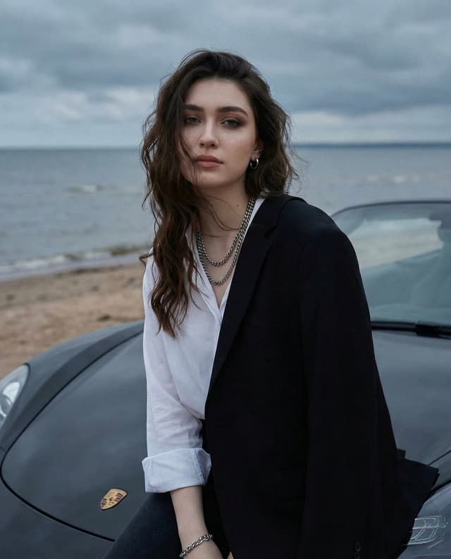 Overcast Seaside Car Hood Portrait with Identity Lock Prompt — output