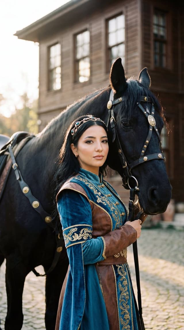 Photorealistic Historical Turkish Woman with Black Horse — output