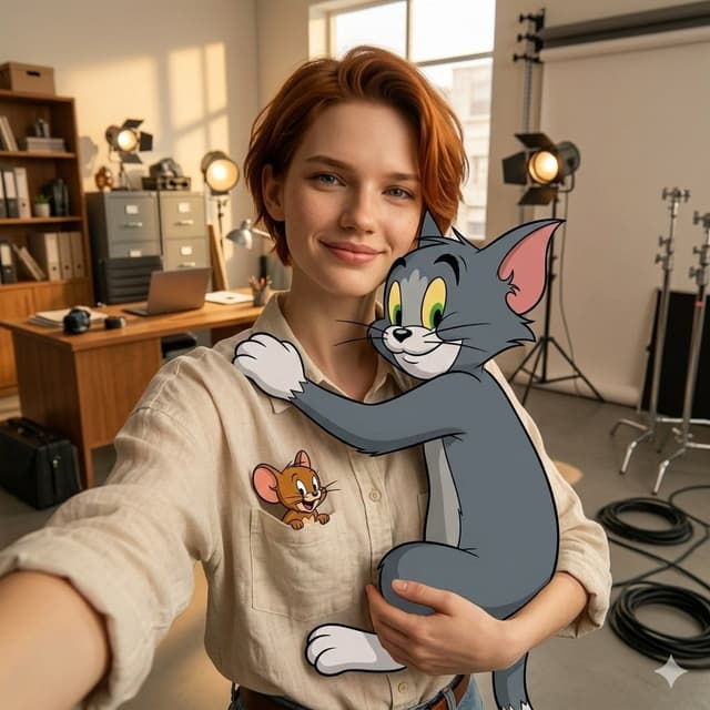Profile / Avatar - First-Person Selfie Hugging Stylized Tom and Jerry — output