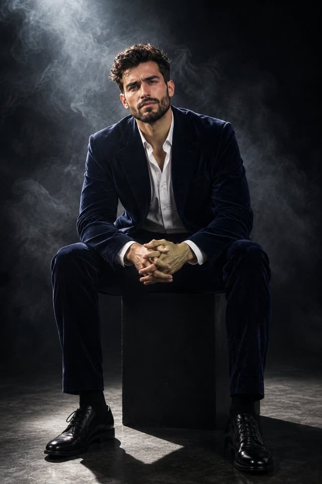 Product Marketing - Cinematic velvet suit portrait — output