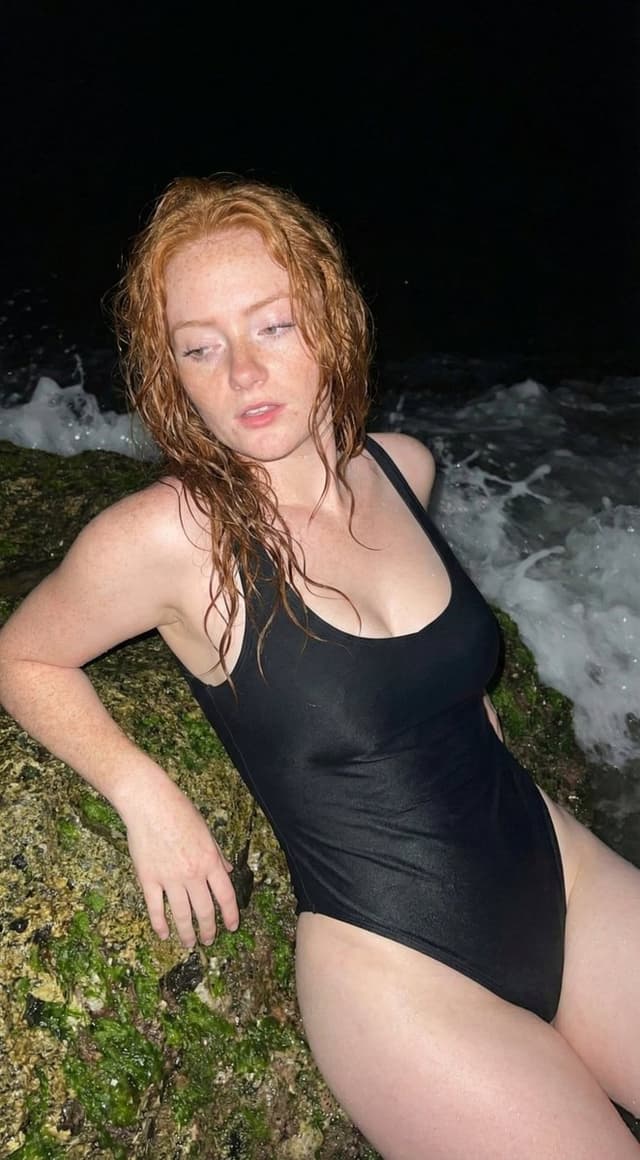 Product Marketing - Close-up Night Beach Portrait of Woman in Black Swimsuit — output