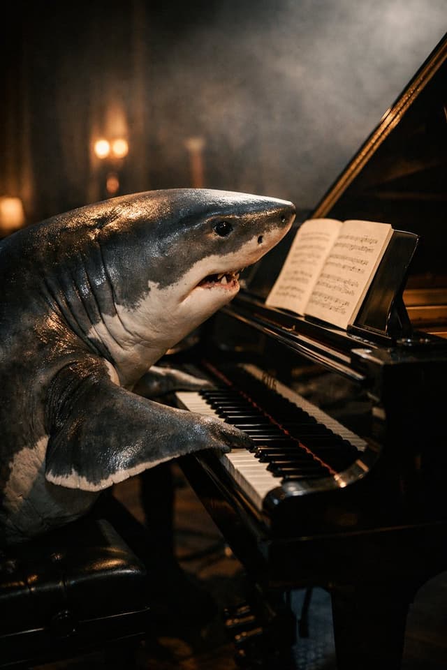 Realistic Shark Playing Piano Benchmark Prompt — output
