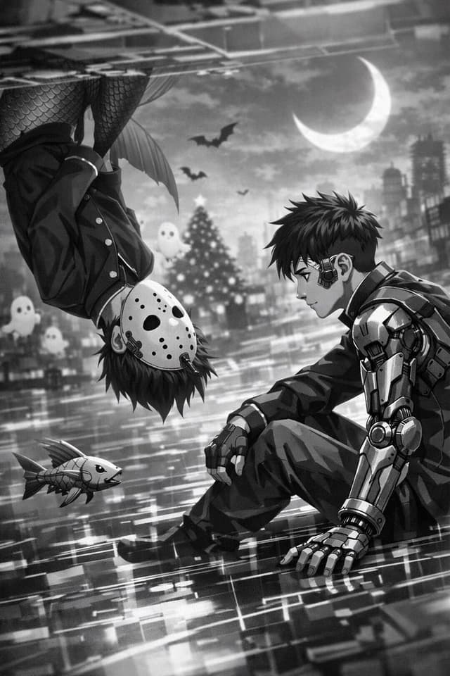 Cyborg and Mermaid Schoolboy Encounter Prompt — output
