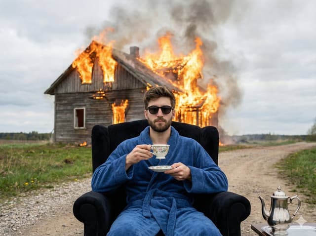 Documentary Photo of Man in Robe with Burning Farmhouse — output